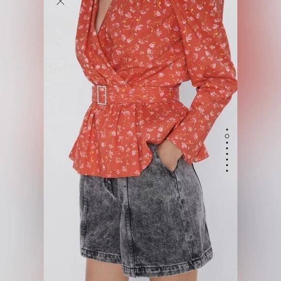 ZARA Red Floral Print Top Blouse With Belt Puff Shoulder Size XL - Picture 8 of 13